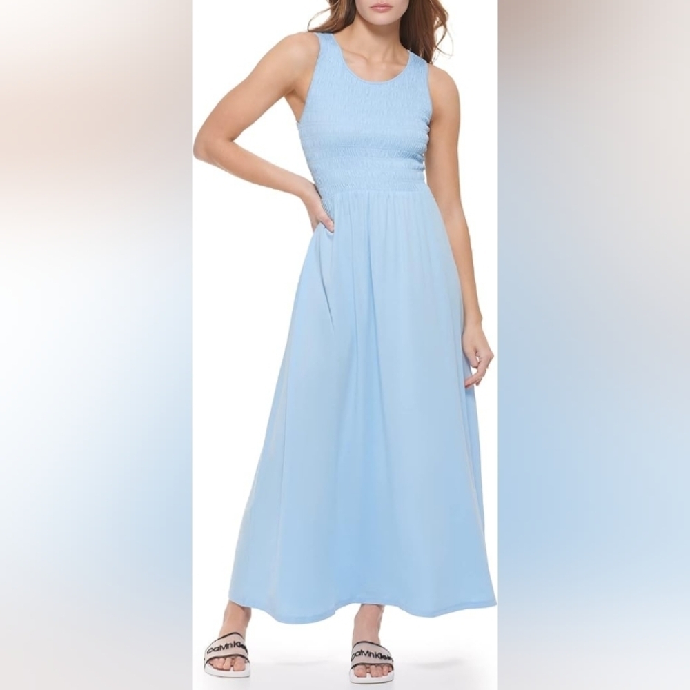 Long Maxi Ruched Halter Blue Tank Dress Pockets